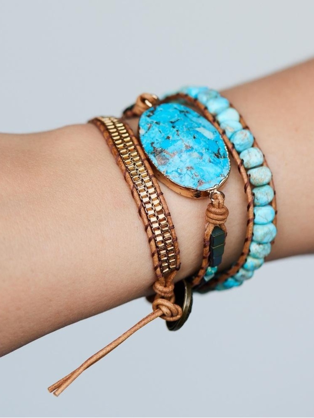 Handmade Chakra Healing Turquoise Imperial Jasper Leather Wrap Bracelet Coastal